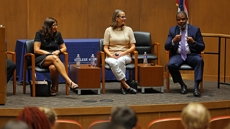 The University of Toledo College of Law hosted a panel discussion by 3 alumni judges: Judge Linda Knepp, center left, Judge Michelle Wagner, center right, and Judge Myron C. Duhart, right.