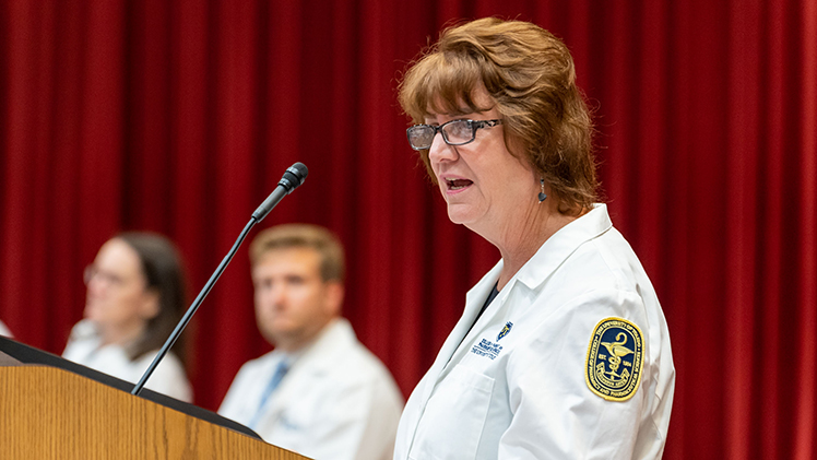 Dr. Pamela Heaton, dean of the College of Pharmacy and Pharmaceutical Sciences, addresses students during the college’s Aug. 21 white coat ceremony.