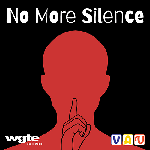 Graphic for the "No More Silence" podcast featuring the silhouette of a person making the "Shhh" sign with his finger. 