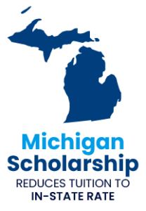 Icon of state of Michigan that reads Michigan Scholarship Reduces Tuition to In-State Rate