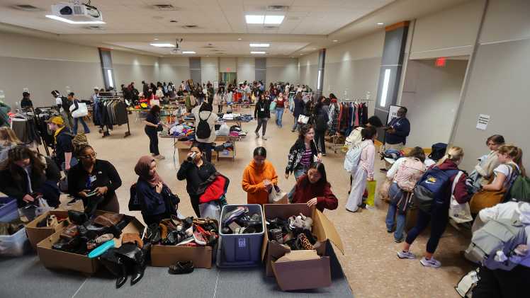 UToledo students “shop” for free gently used clothing, shoes, housewares and more at the Center for Advocacy and Student Experience’s Rocket Thrift Shop event on Wednesday in Thompson Student Union Ingman Room.