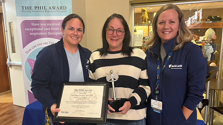 Left to right Abby Bushman, respiratory care manager; Melissa Riley-Kennedy, respiratory therapist and winner of UToledo Health's inaugural PHIL Award; and Melissa Kukiela, respiratory care director.