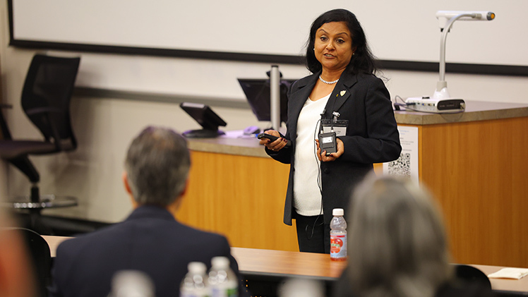Photo of Dr. Bina Joe, a Distinguished University Professor and chair of the UToledo Department of Physiology and Pharmacology, who presented on Leveraging AI/Machine Learning to Access Microbiomes as Risk Factors for Disease at the 2025 AI in Healthcare Symposium hosted by UToledo.