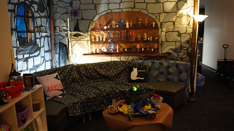 The Center for Advocacy and Student Experience received second place for its creative and detailed Halloween decorations. Photo of their room.