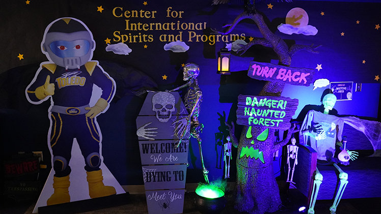 The Center for International Studies and Programs earned first place in the 2025 Holloway’s Halloween Office Decorating Competition. Photo of their room.