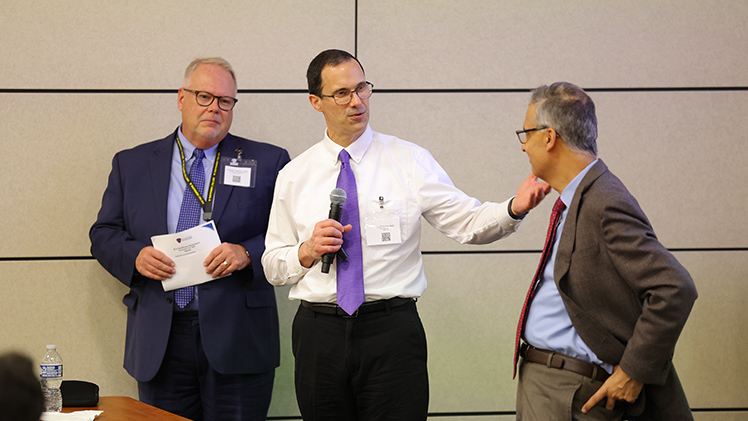 From left, Dr. Charles “Chuck” Callahan, executive vice president for health affairs; Dr. Scott Molitor, senior vice provost for academic and graduate affairs; and Dr. Imran Ali, vice provost for health education.