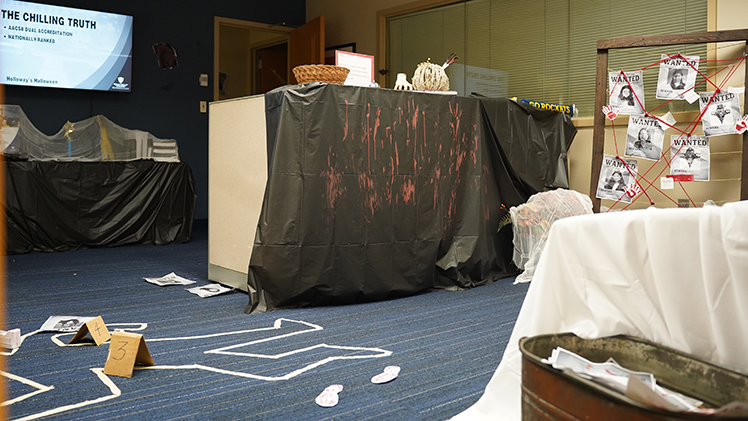 The Neff College of Business and Innovation’s Graduate Programs Office finished in third place with its impressive office display. Photo of their room.