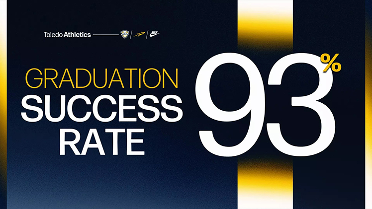 Graphic announcing that The University of Toledo received a Graduation Success Rate (GSR) of 93% for its athletic department, a figure that ranks third among schools in the Mid-American Conference, in the latest figures released by the NCAA.