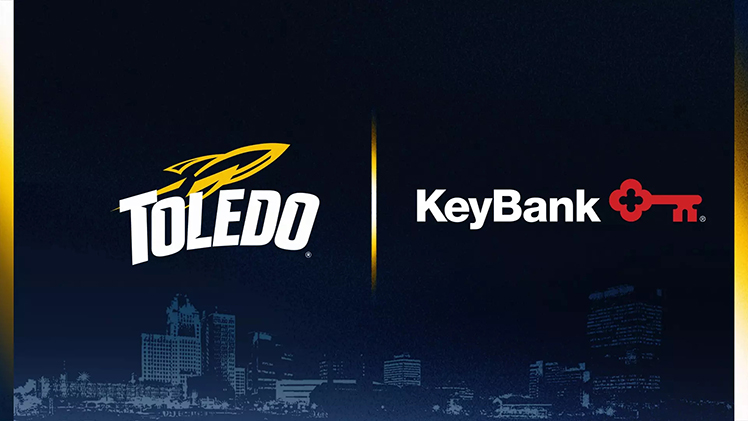 Graphic for The University of Toledo Department of Athletics' announcement on Thursday about their landmark partnership with KeyBank, which will become the official bank and title sponsor of Rocket Women’s Athletics.