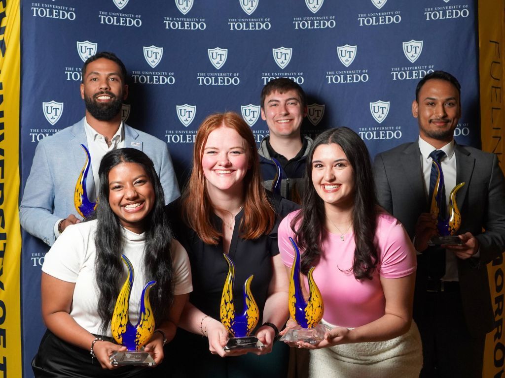 The six UToledo students who each received the inaugural Tower of Excellence Award, which honors graduating seniors who have made a lasting impact on The University of Toledo community through outstanding academics, leadership and service.