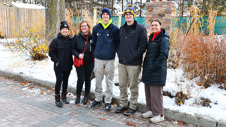 Madison Sprenger, from left, Lauren Adkins, Luke Mikolajczyk, Joseph Arnold and Nora Beseiso-Shadler are part of the team that designed and installed a squirrel obstacle course at the Toledo Zoo ahead of the College of Engineering’s Senior Design Expo.