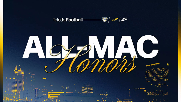 Graphic announcing that the Toledo Rockets earned a school-record 17 spots on the 2025 All-MAC Football Team.