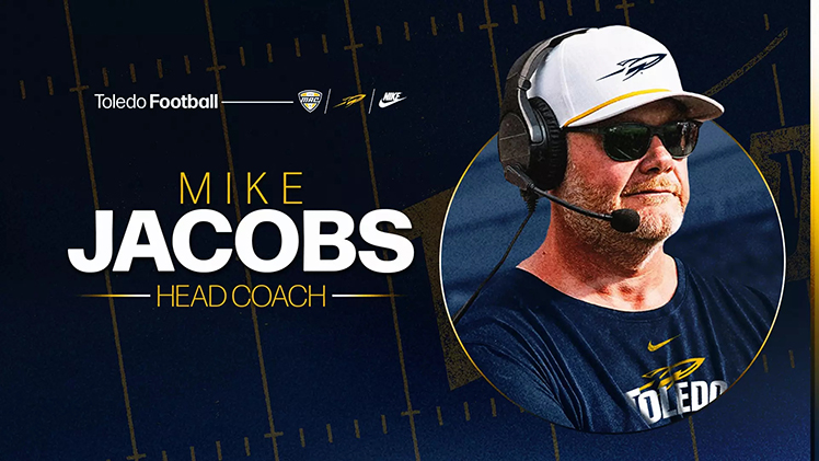 Graphic announcing the hiring of Mike Jacobs as UToledo's Head Football Coach with a photo of Mike Jacobs.