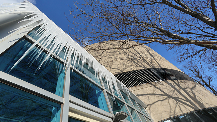 Ice cycles hang down from a building on HSC.