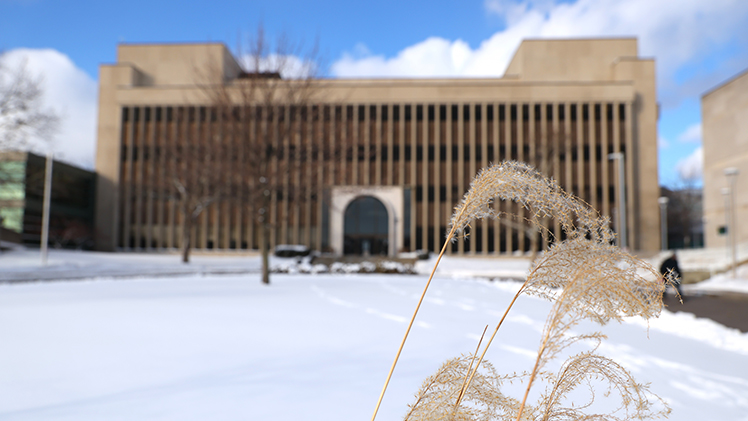 A photo of a building on HSC with faint hoof prints from deer in the snow.