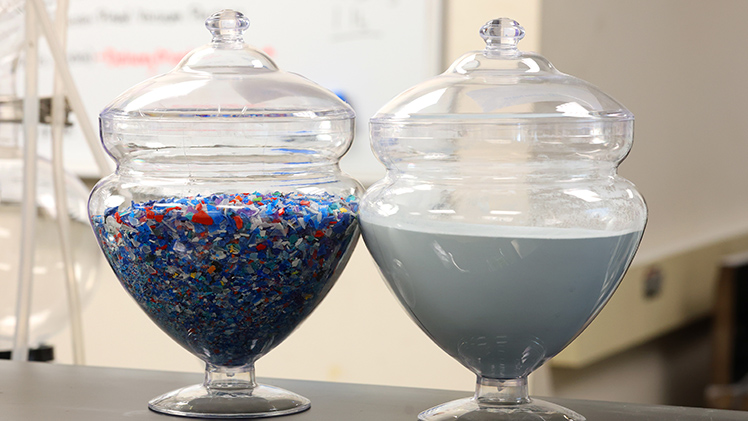 Plastinuva utilizes a patented method of separating polypropylene out of a mixed waste stream, as shown in the sample on the left, then processing it into the like-new powder shown in the sample on the right.