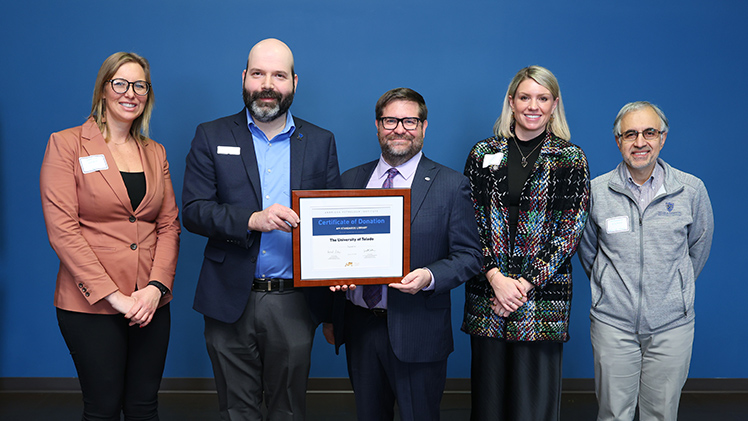 From left, American Petroleum Institute (API) representative Sabrina Wilkin; Dr. Yakov Lapitsky, professor and chair of the Department of Chemical Engineering; API representative Chris Zeigler; API representative Claire Linkhart; and Dr. Mohammad Elahinia, dean of the College of Engineering.