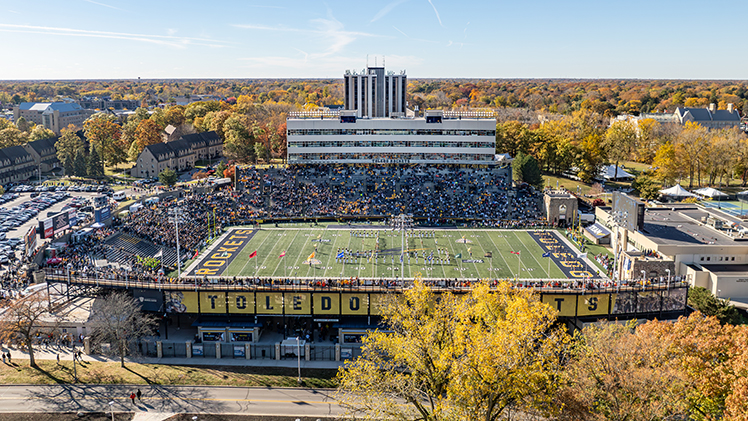 An aerial photo of Glass Bowl Stadium during the 2024 game versus BGSU. 