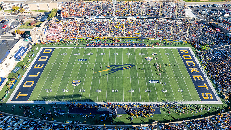 An aerial photo of Glass Bowl Stadium during the 2024 game versus BGSU