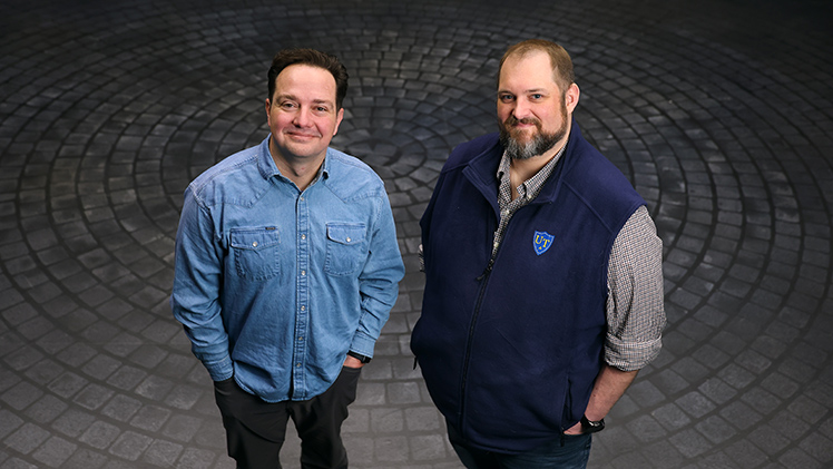 A portrait of, from left, Dr. Matt Foss and Stephen Sakowski from The Department of Theatre and Film.