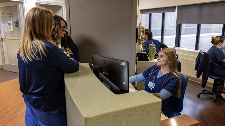 From left, UTMC staff nurse Abby Seeds, lead nurse Jessica Cantrell and staff nurse Lily Simone on the floor of the nationally-recognized UTMC Heart and Vascular Care Unit.