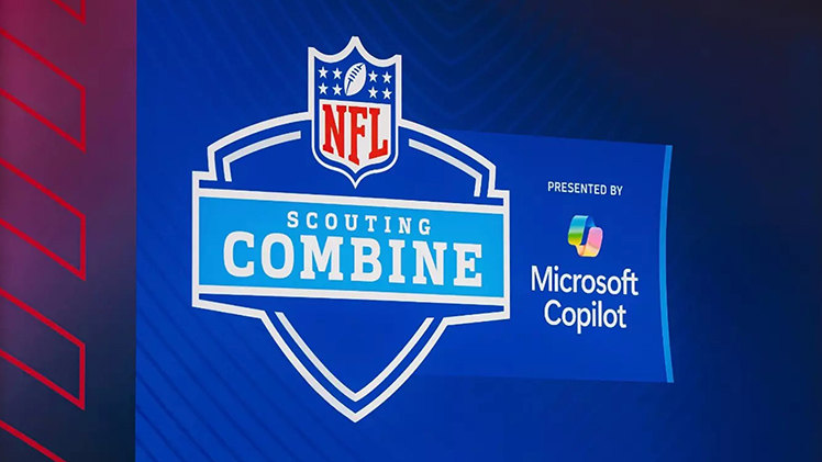 Photo of the NFL Scouting Combine logo on a video screen.