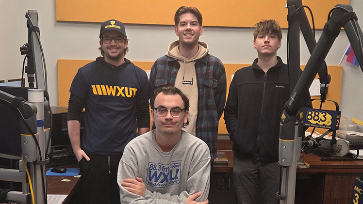 From left to right, seniors Payton Schmitz and Trip Floyd (sitting), and juniors Anthony Kruszka and Cameron Fahnestock, all of whom are studying media communication. 