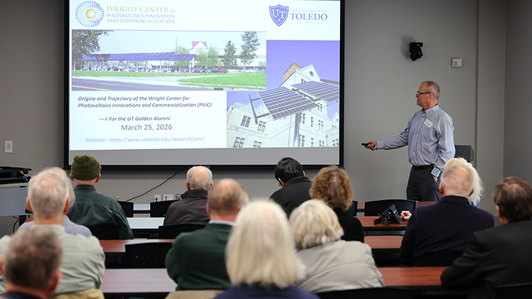 Dr. Randall Ellingson, Distinguished University Professor and Wright Center PVIC Endowed Chair ,gave an overview of the activities that set UToledo apart as a global leader in solar energy research. The PVIC focuses on advanced thin-film solar technology, as well as new materials like perovskites, and studies solar power for both Earth and space applications.