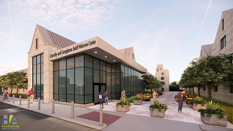 An architectural rendering of The Dorothy and Georgianna Saloff Welcome Center in Tucker and Scott Halls, which will serve as the new “front door” to the University.
