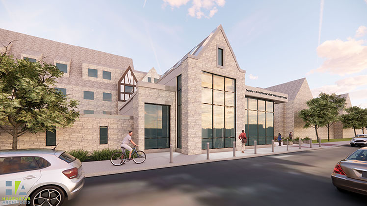 An architectural rendering of The Dorothy and Georgianna Saloff Welcome Center in Tucker and Scott Halls, which will serve as the new “front door” to the University.