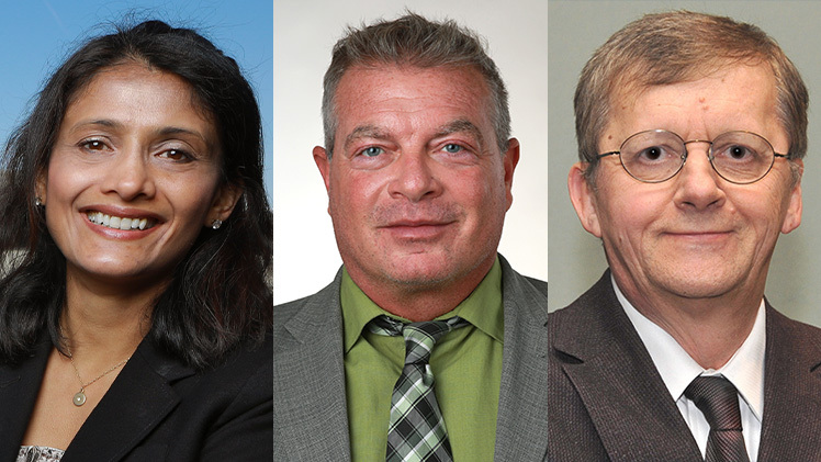 Headshots of the 3 just-named Distinguished University Professors: Dr. Rupali Chandar, Dr. Peter Andreana and Dr. Stanislaw (Stan) Stepkowski.