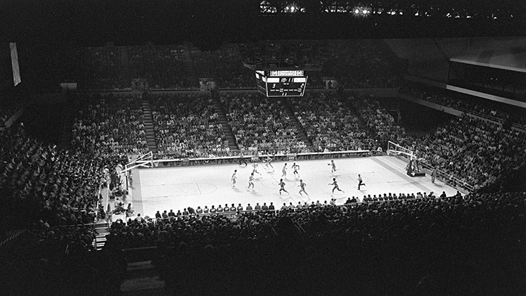 The UT men's basketball team hosted Indiana University in the first-ever game in the brand new Centennial Hall, December 1976.
