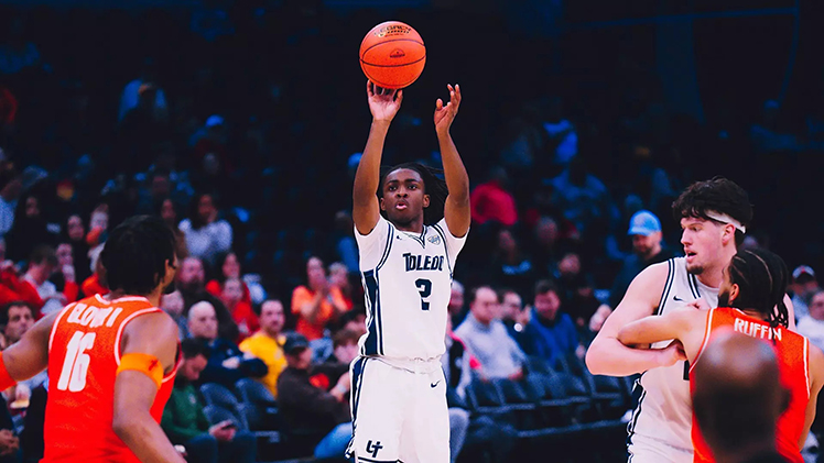 A photo of Rocket freshman Leroy Blyden Jr. shooting the ball. He scored 17 of his 23 points in the second half in Toledo's 77-76 win over Bowling Green.