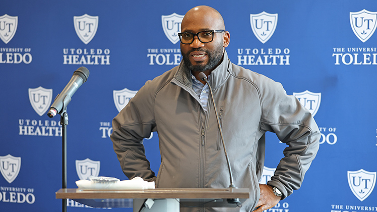 Dr. Obi Ekwenna, urology transplant surgeon at UTMC, speaks at the Donate Life event.