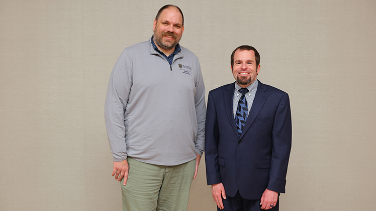 Recipients of the Outstanding Advisor Award, from left, Devan Church, academic advisor I in the Academic Advising Center, and Dr. Brent Altenhof, an assistant professor in the Department of Anesthesiology in the College of Medicine and Life Sciences.