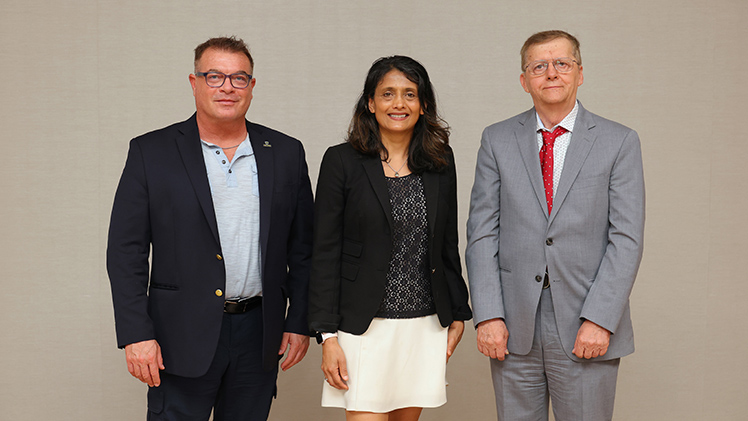 Distinguished University Professors, from left, Dr. Peter Andreana, a professor in the Department of Chemistry and Biochemistry in the College of Natural Sciences and Mathematics; Dr. Rupali Chandar, a professor in the Department of Physics and Astronomy in the College of Natural Sciences and Mathematics; and Dr. Stanislaw Stepkowski, a professor in the Department of Medical Microbiology and Immunology in the College of Medicine and Life Sciences.