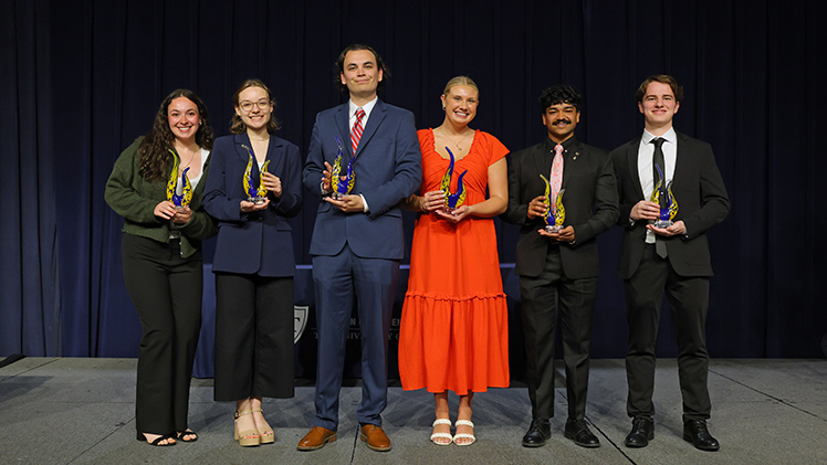 Group photo of the The 2025-26 Tower of Excellence Awardees who are, from left to right, Alia Beseiso, Iryna Snahoshchenko, James "Trip" Floyd III, Ashton Widenhoefer, Shawn Monteiro and Colin Kinnersley.
