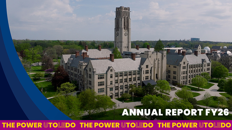 Stock arial photo of University Hall with the words "Annual Report FY26."