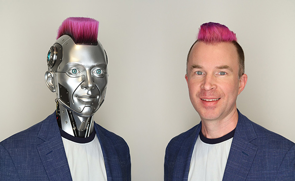 Graphic with Dr. Logan McCarty, associate dean of science undergraduate education at Harvard University and his robotic likeness.