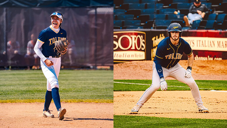 Side-by-side photos of The University of Toledo softball player Eli Enriquez and baseball player Troy Sudbrook, who were selected as recipients of the 2026 Mid-American Conference Medal of Excellence.