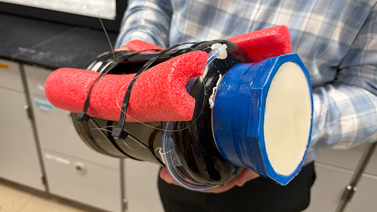 An early prototype buoy designed to slowly release algaecide into water over weeks or months and, as part of a larger buoy system, fight back before harmful algae blooms ever fully form.