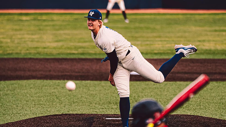 In-game photo of Toledo left-handed pitcher Hayden Frey throwing a pitch. 