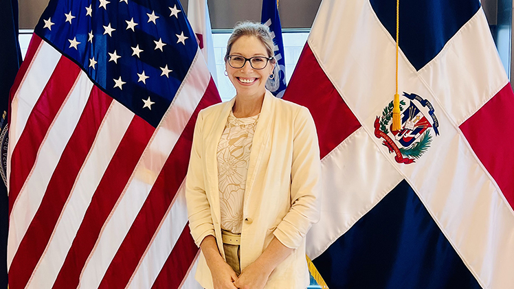 Dr. Karie Peralta at the U.S. Embassy in the Dominican Republic. Peralta, an associate professor of sociology, recently returned from a semester in the country as a Fulbright Scholar.