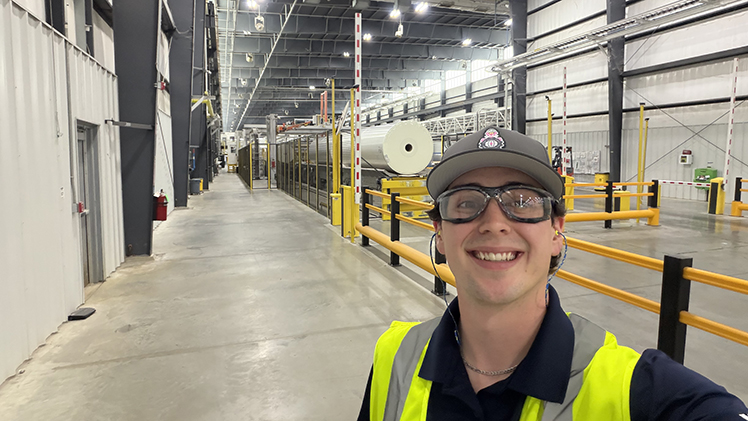 Selfie by mechanical engineering junior Nathan Zickes taken inside a warehouse where he is working for his co-op.