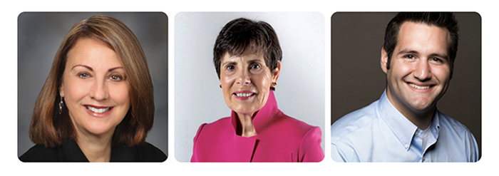 Dr. Pamela Schlembach ’89, ’97, from left, Susan Palmer ’70, ’72 M.Ed. and Matt Rubin ’11, ’13 M.B.A. Schlembach will receive the Gold T Award, Palmer will receive the Daniel J. Saevig Blue T Award, and Rubin will receive the Edward H. Schmidt Outstanding Young Alum Award at the UToledo Alumni Association's annual Homecoming Gala on Friday, Oct. 9