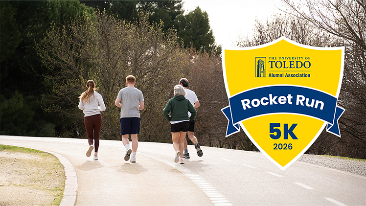 Promotional graphic for 2026 5K Rocket Run with a group of runners on a track.