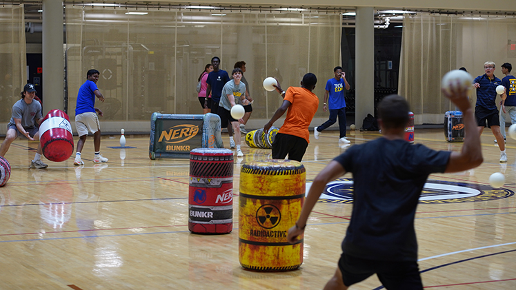 Students play dodgeball at Night at the Rec, another Friday night activity offered during Rocket Welcome Weekend.