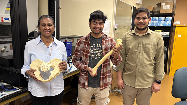 From left, Dr. A. Champa Jayasuriya, incoming doctoral candidate Shyama Tripathy and graduate student Syam Sundar Nallamekala developed an AI model that can identify potential osteoporosis risk using existing CT scans, offering an alternative to traditional DEXA scans.