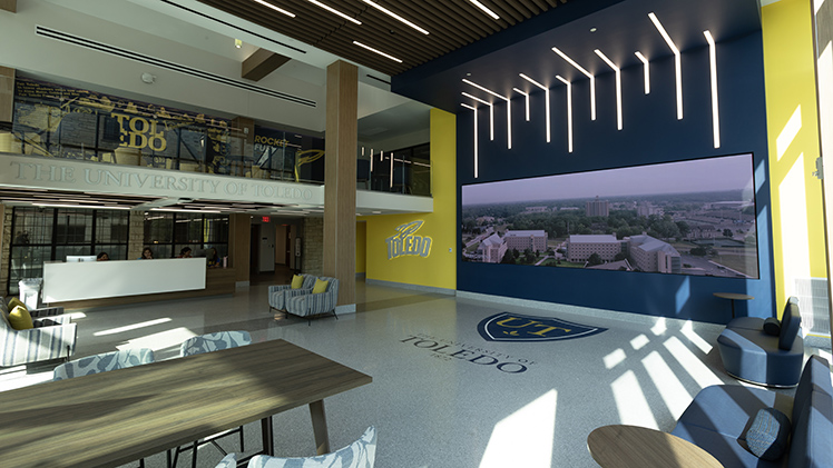 Interior photo of UToledo's new Saloff Welcome Center.