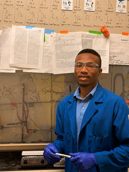 Portrait of Trust Nwaka in a lab. He was one of only 22 Ph.D. candidates from the U.S. and Canada selected as a member of the 2026 American Chemical Society (ACS) Future Pharma Innovator Cohort.